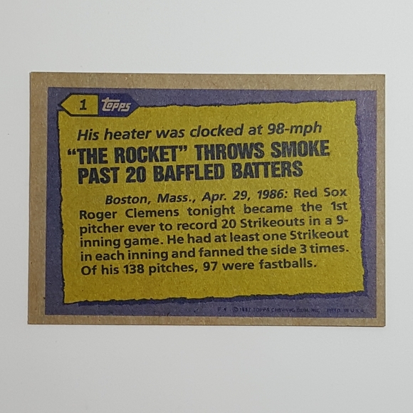 1987 Topps Roger Clemons - Picture 3 of 3